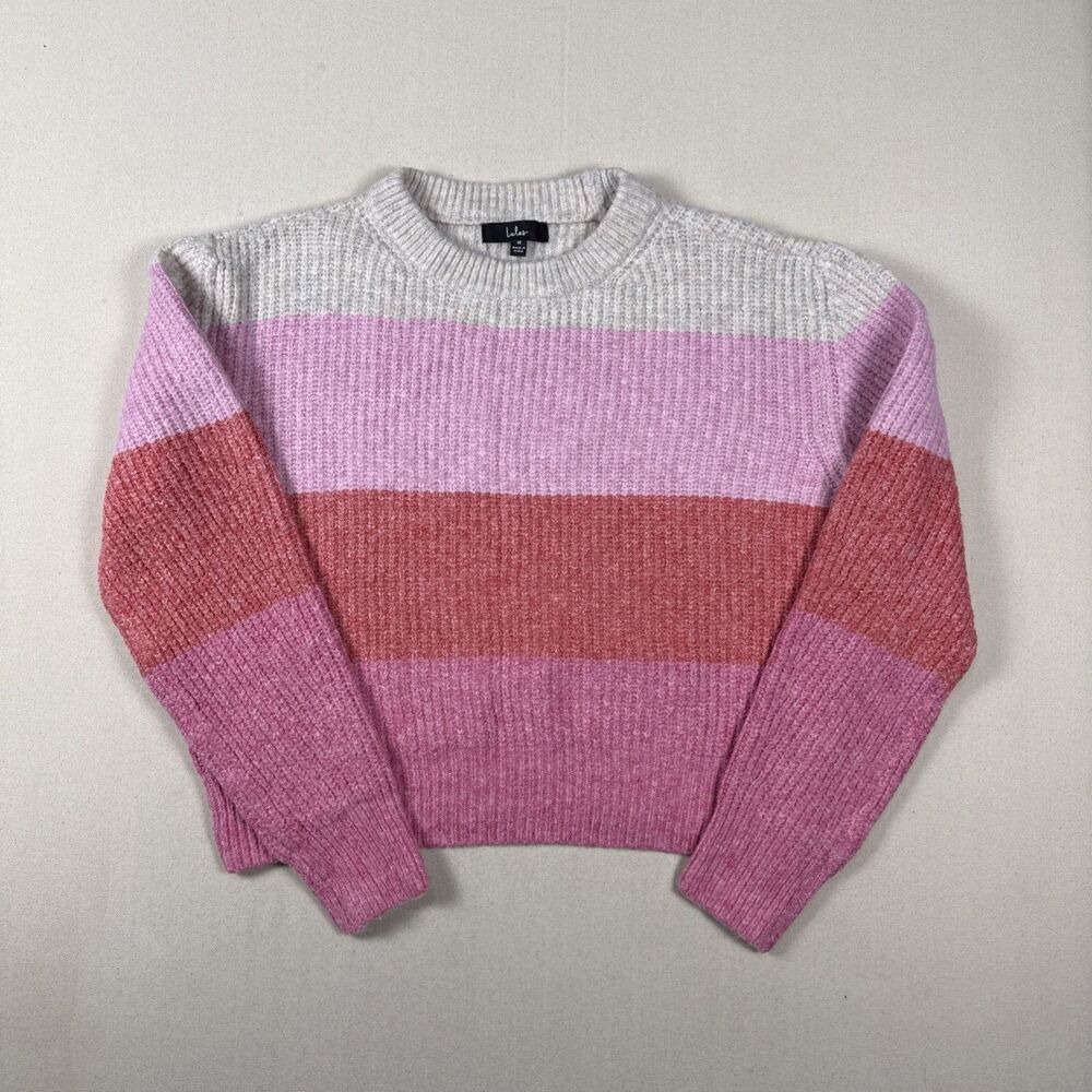 Lulus Colorblock Cropped Sweater Pink Medium Y2K Coquette Preppy Softgirl Knit